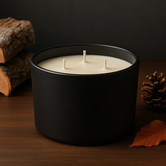 Soy candle in a matt black glass jar on a wooden surface with logs and a pine cone in the background.